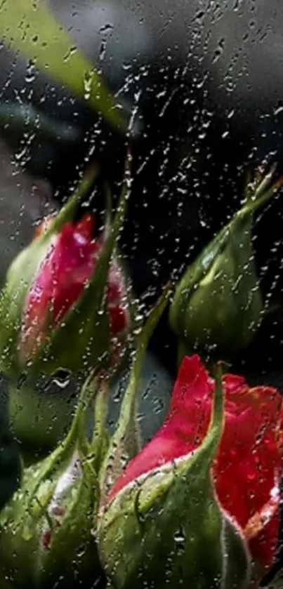 Raindrops falling on budding roses closeup.