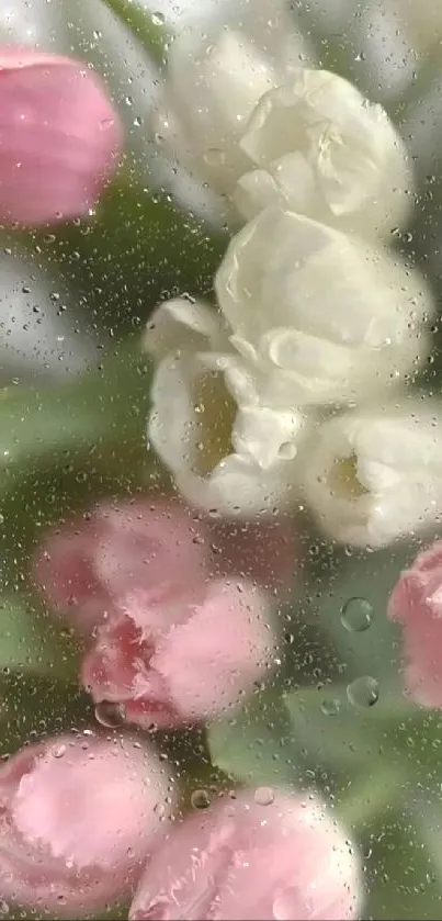 Mobile wallpaper of pink and white tulips with raindrops.