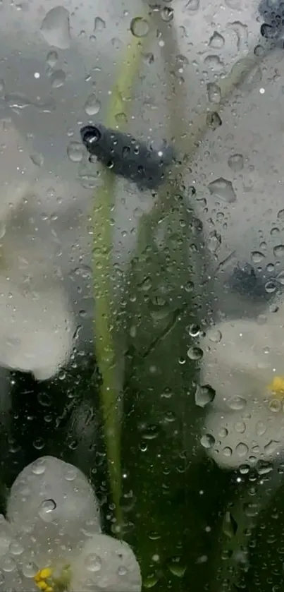 Raindrops on glass with white flowers behind.