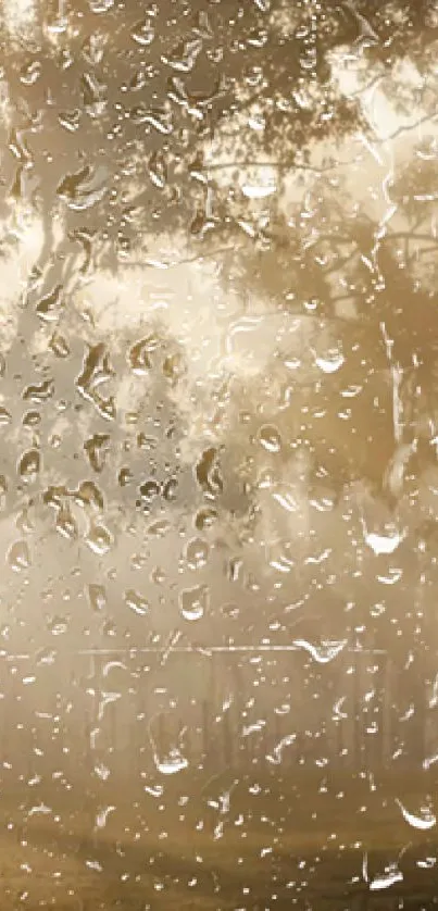 Raindrops on a window with a golden misty background.