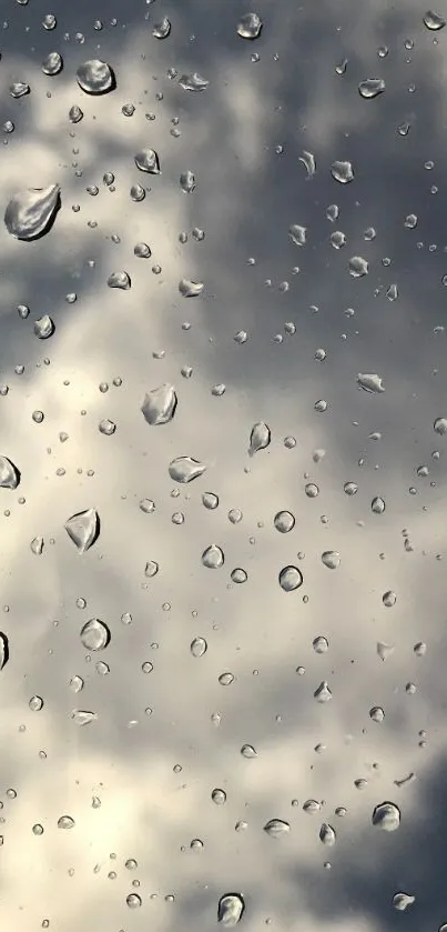 Raindrops on a window with a cloudy sky backdrop.