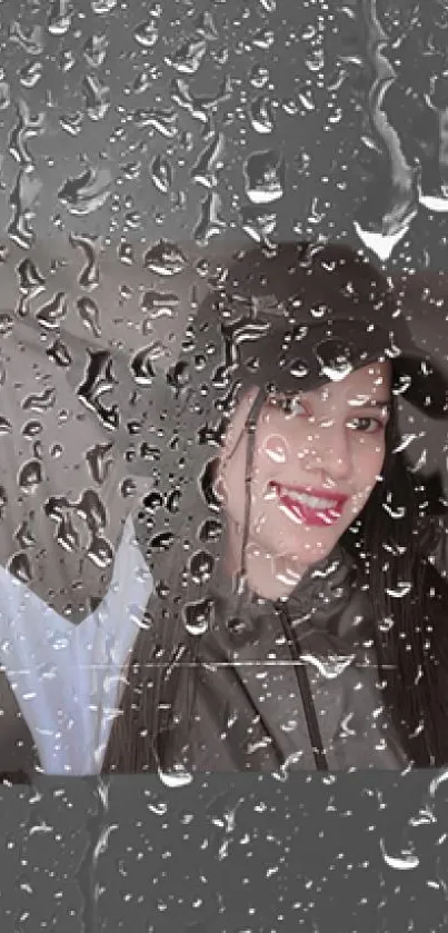 Mobile wallpaper with raindrops on glass and a portrait visible through them.