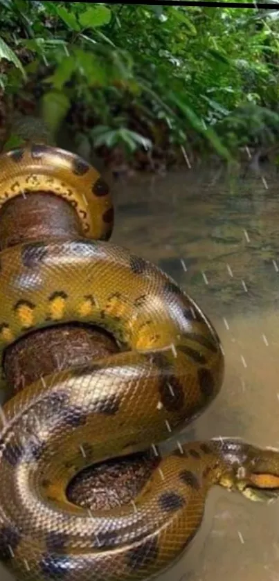 Anaconda coiled on a log in a rainforest setting with gentle rain.