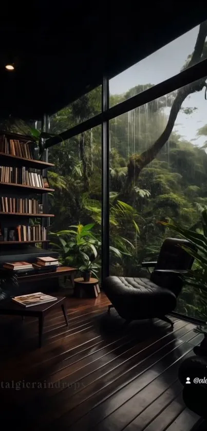 Cozy library view with rainforest backdrop and dark accents