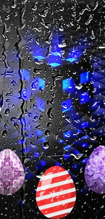 Abstract digital wallpaper with raindrops and vibrant blue lights.