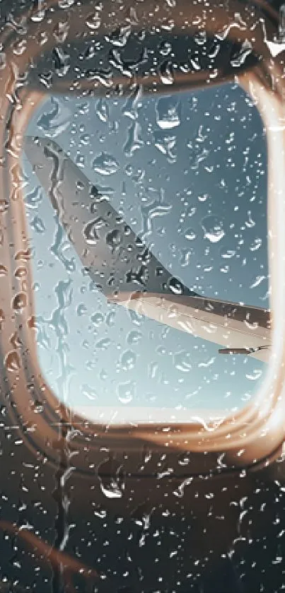 Airplane wing viewed through a rainy window, perfect for travel lovers.