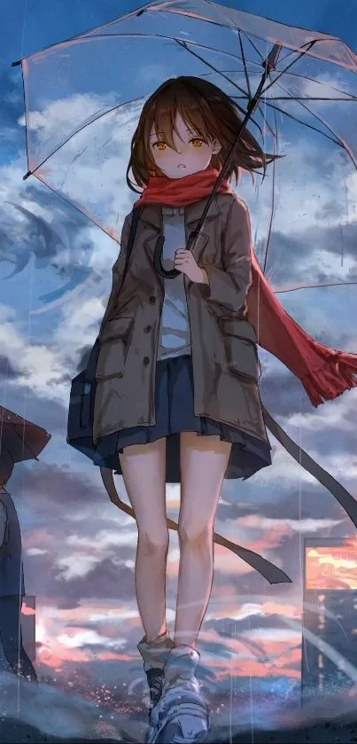 Anime girl holding an umbrella in a rainy cityscape with a vivid sunset.