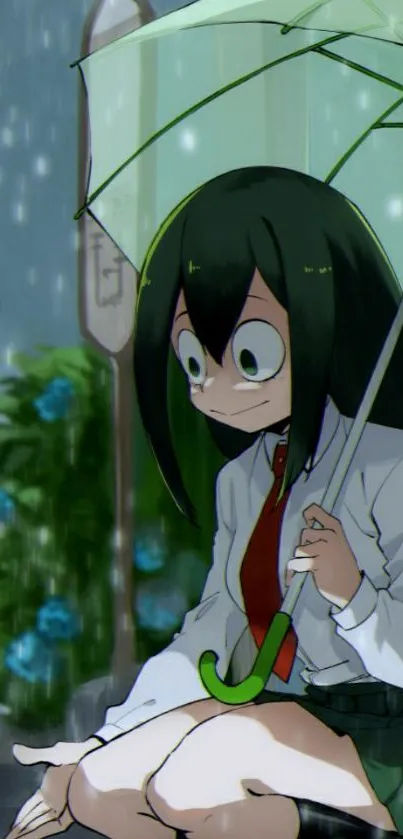 Anime girl with a green umbrella in rain.