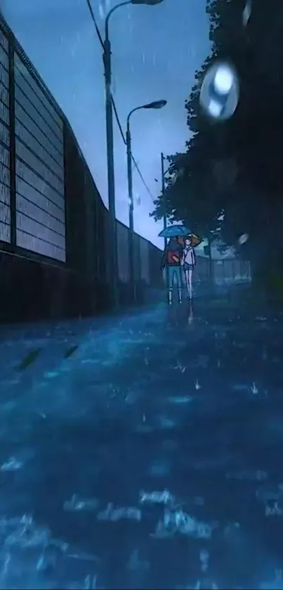 Anime scene with umbrellas on a rainy night street.