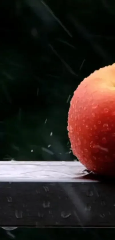 Vibrant apple with raindrops on a dark background wallpaper.