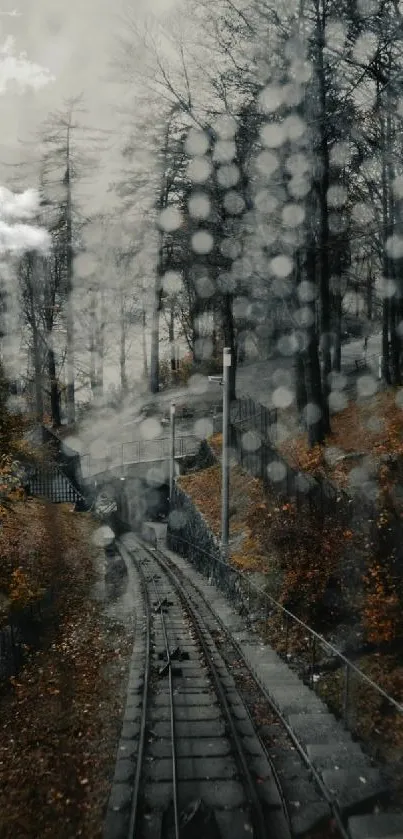 Moody autumn railway scene with raindrops on window.