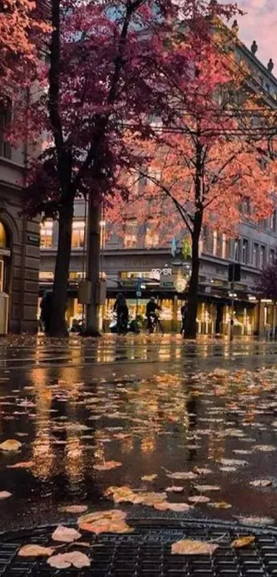 Autumn street with orange leaves and wet pavement in a serene city setting.