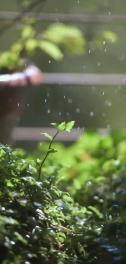 Green leaves on a balcony in rain, creating a serene and natural mobile wallpaper.