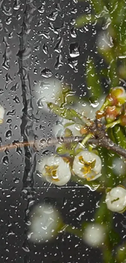 White blossoms on a rainy window wallpaper.