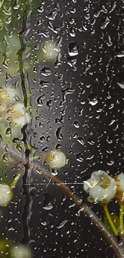 Rain-drenched window with blossoms.