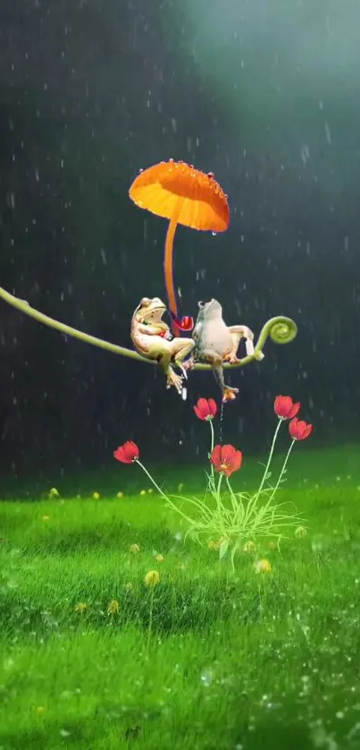 Chameleons on a branch with an umbrella in a rainy meadow with red flowers.