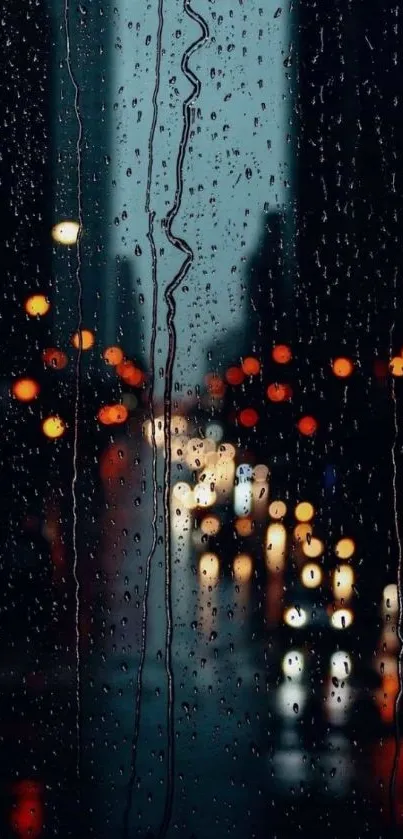 Rain-covered window with city lights bokeh in the background, capturing a moody scene.