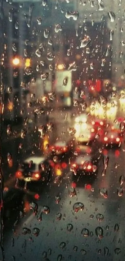 Rainy city night view with blurred lights and raindrops on a window.