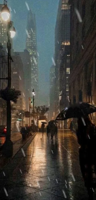 Rainy city street at night with glowing lights and silhouettes.