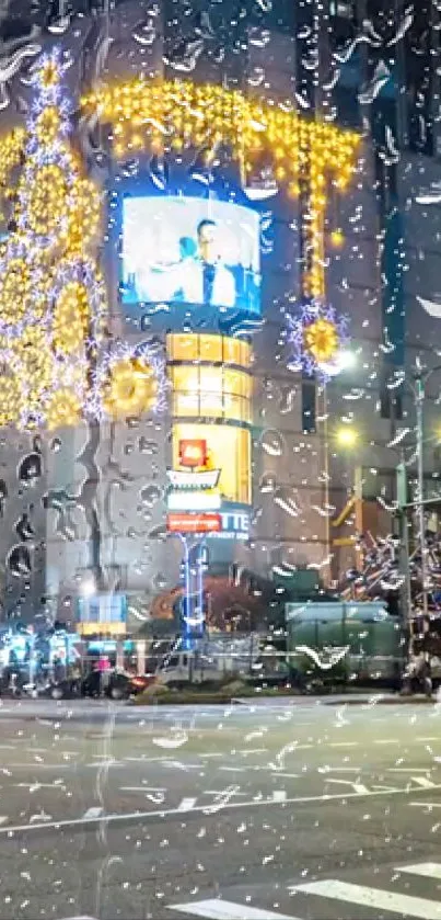 Vibrant rainy city nightscape with bright lights and reflections.