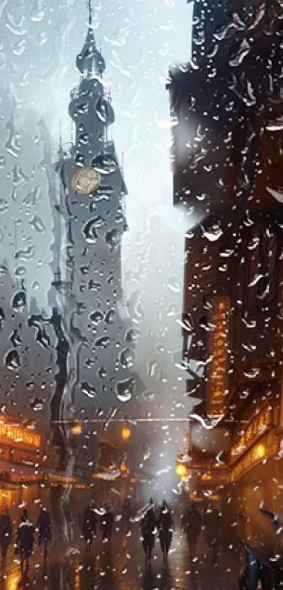 Rain-soaked window with cityscape and clock tower at night.