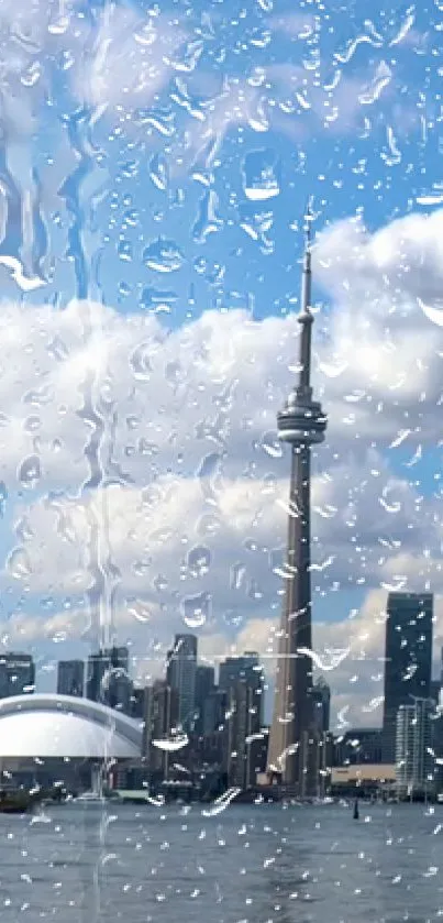 City skyline with raindrops on glass, featuring a prominent tower.