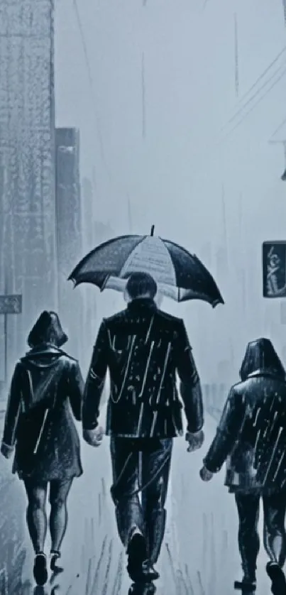 Three people walking in rain under an umbrella on a city street.