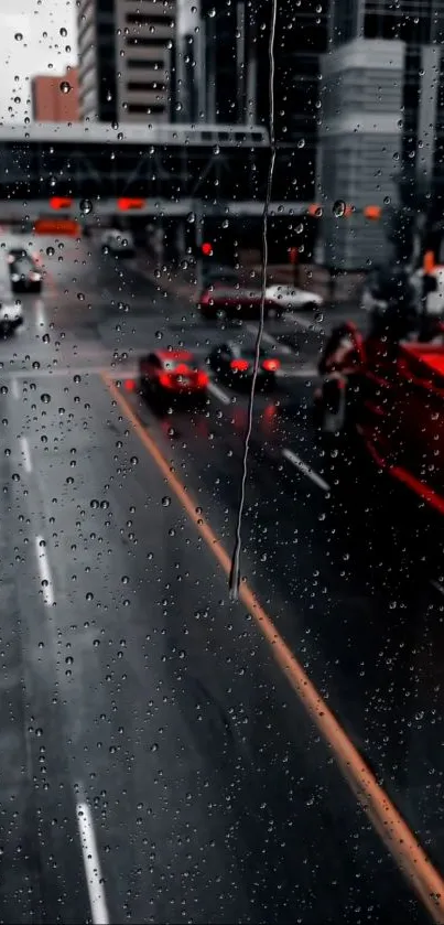 Rainy city street with raindrops and blurred car lights.