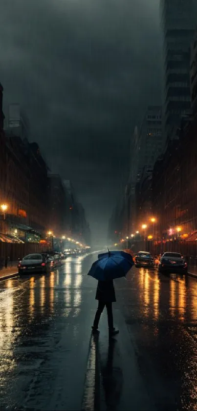 Rainy city street at night with glowing streetlights and an umbrella