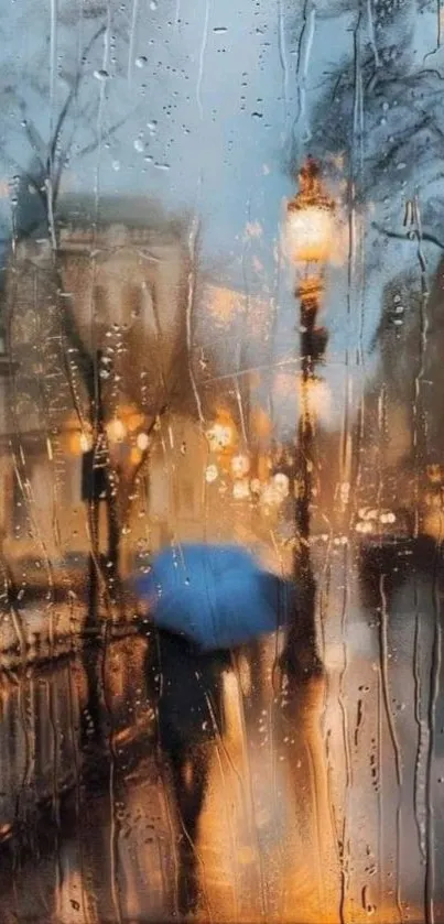 Blurry rainy city scene with streetlights and a person holding an umbrella.