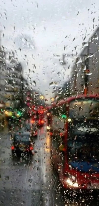 Rainy urban street with red bus and city lights.