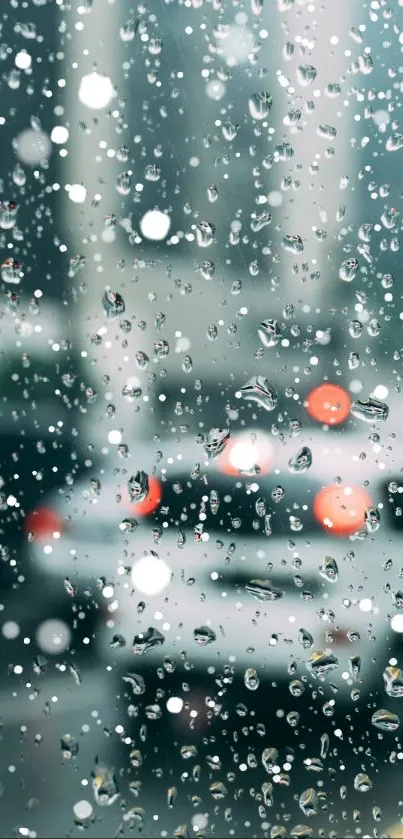 Rainy city street seen through car window with raindrops.