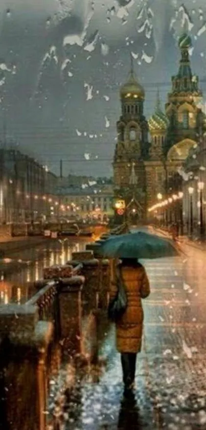 Rainy cityscape with woman under umbrella at night.