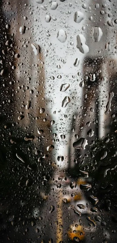 Raindrops on window with blurred city view, perfect for mobile wallpaper.