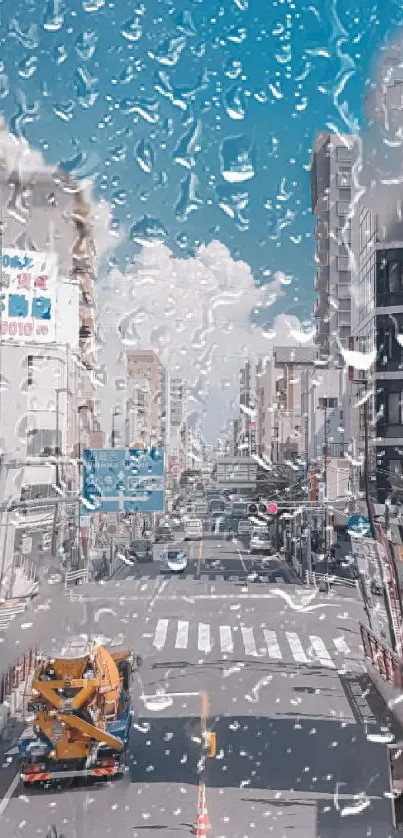 Rainy city street with vibrant sky viewed through glass with raindrops.