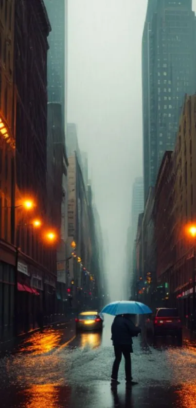 Person with umbrella in rainy city street night scene, glowing lights and reflections.