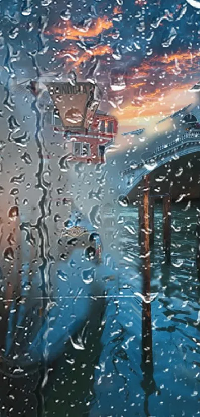 Rainy cityscape with sunset reflections on a mobile wallpaper.