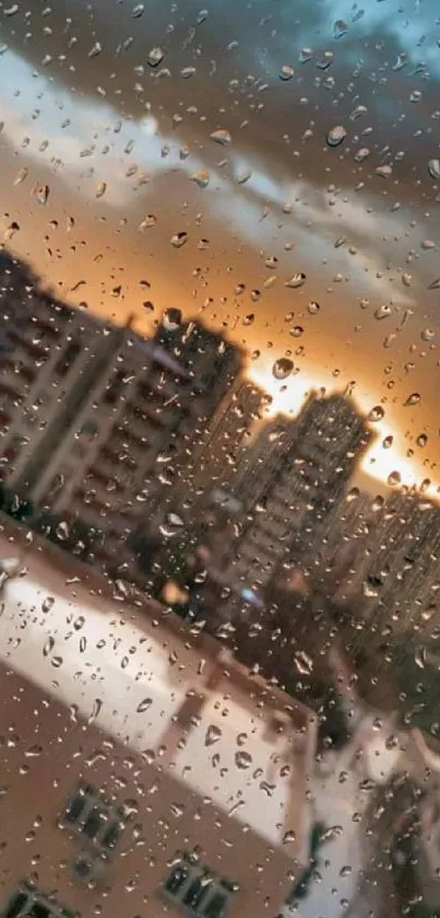 Raindrops on window overlooking a sunset cityscape.