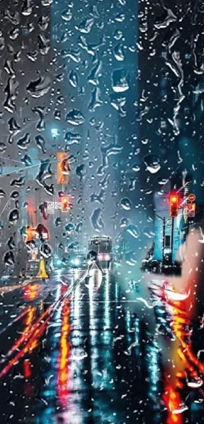 Rainy cityscape with vibrant reflections on a dark and rainy night.