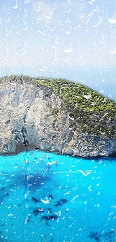 Rainy coastal view wallpaper with turquoise sea and rocky cliffs.