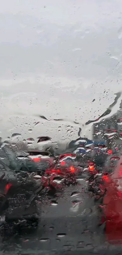 Rainy highway view with water droplets and traffic lights.