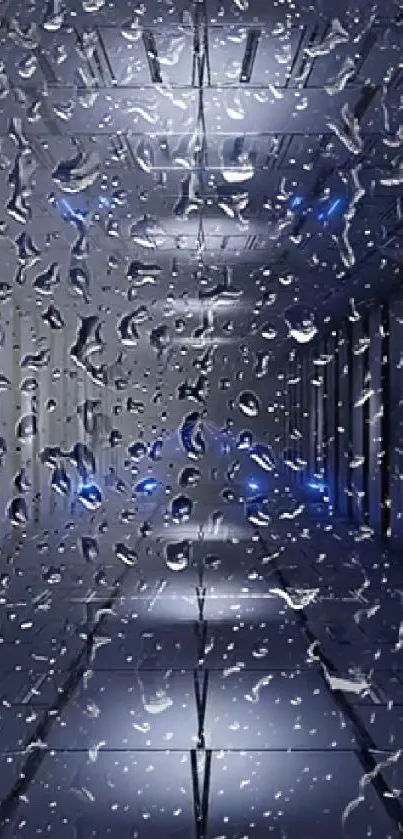 Rainy corridor wallpaper with droplets and soft blue lighting.