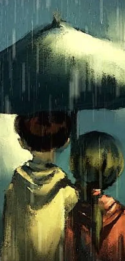 Couple under umbrella in rain, artistic mobile wallpaper.
