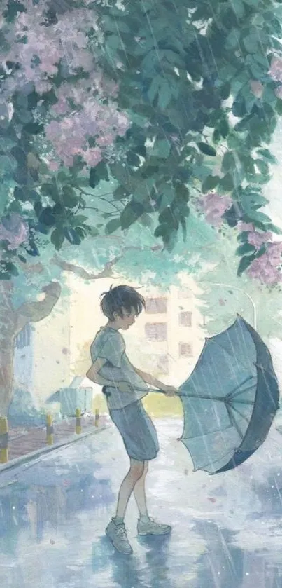 Anime art of child under an umbrella in rain.