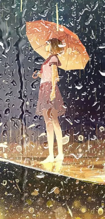 Anime girl with umbrella in rainy scene on phone wallpaper.