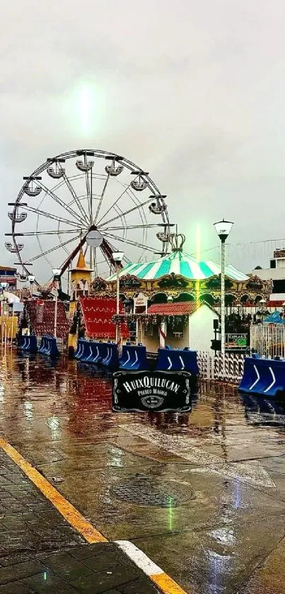 Ferris wheel in a rainy carnival setting with colorful tents and cloudy sky.