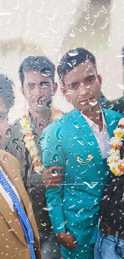 Group portrait with raindrop effect and colorful attire.