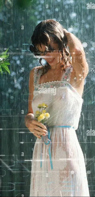 Woman stands in a gentle rain holding flowers, surrounded by lush greenery.