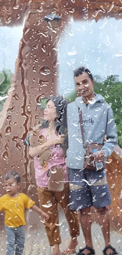 Family enjoying a rainy view through a glass window.