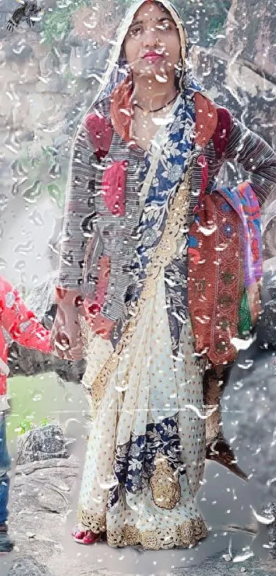 Mother and child standing in the rain with raindrops on a colorful background.